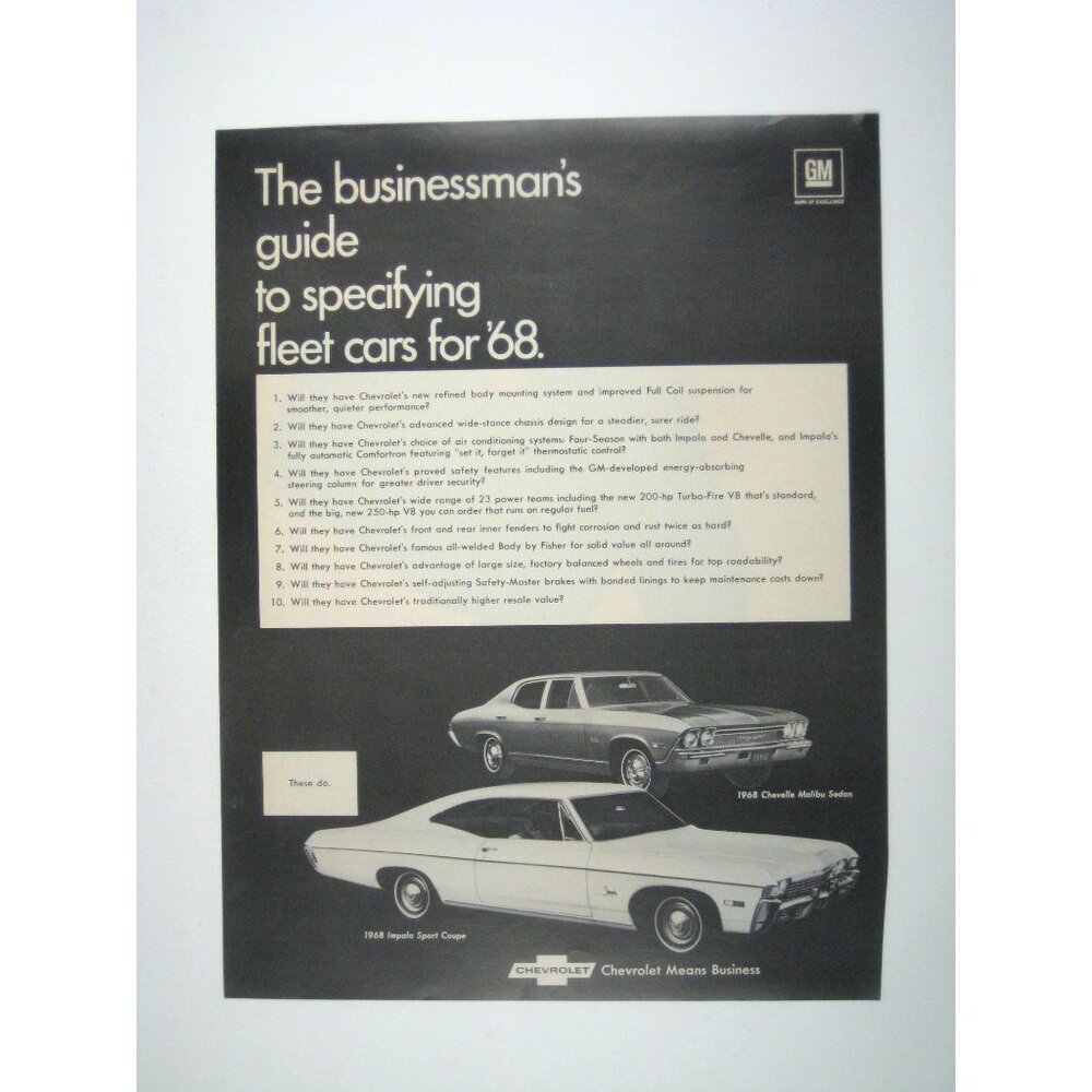 1968 Chevrolet Dealer Promo Guide Print Fleet Cars Impala Sport Coupe Chevelle